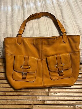 Ralph Lauren Mustard Yellow Leather Tote with Front Buckle Pockets
